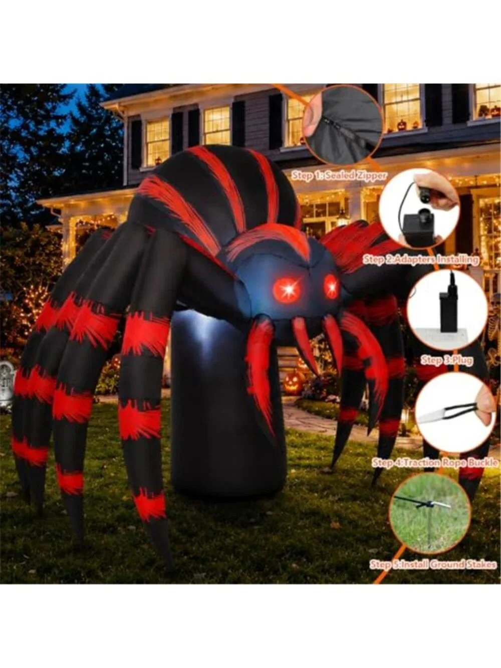 7FT Halloween Inflatables Red Stripe Spider Yard Decor with LEDs